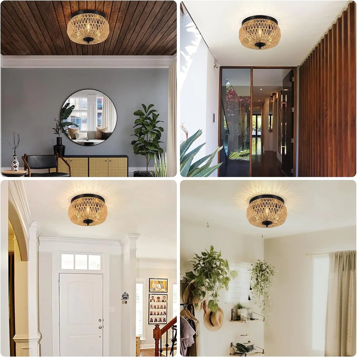 3 Lamp Woven Rattan Recessed Chandelier Lamp Fixture With Handmade Cage Lampshade For Bedroom, Kitchen, Hallway, Porch Unavailable Platforms- Welfel