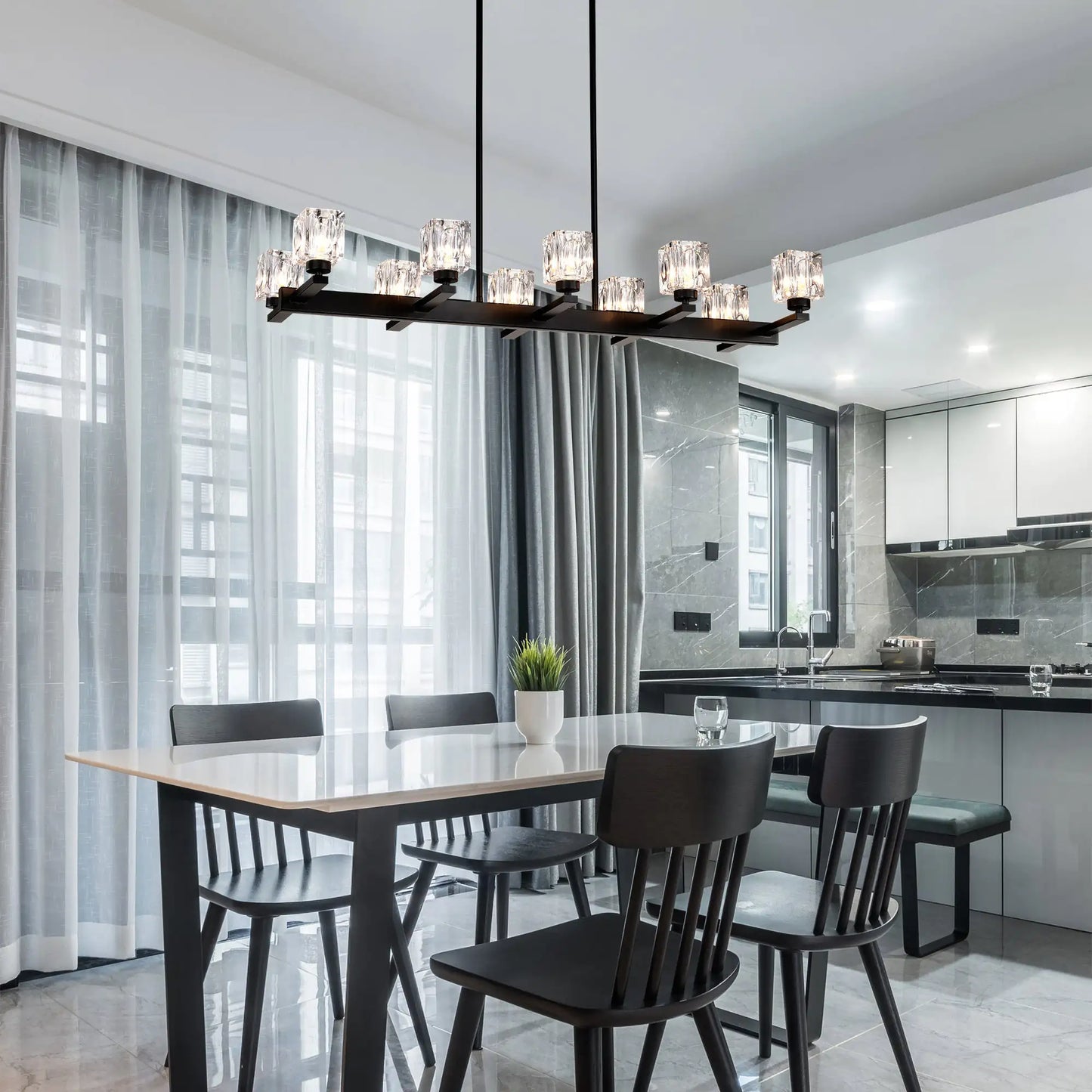 Matte Black Crystal Chandelier For Dining Room, 8-Light Kitchen Chandelier Light Fixture Modern Metal Industrial Chandeliers For Farmhouse Entryway Living Room