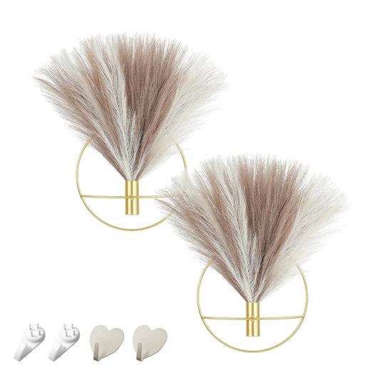 Pretty Jolly Boho Wall Decor Wall-Mounted Metal Wall Decor Hanging Artificial Pampas Display Wall Art Living Room Bedroom Bathroom Dining room Plant Wall Decor 2 PackBeigeCoffeeGold